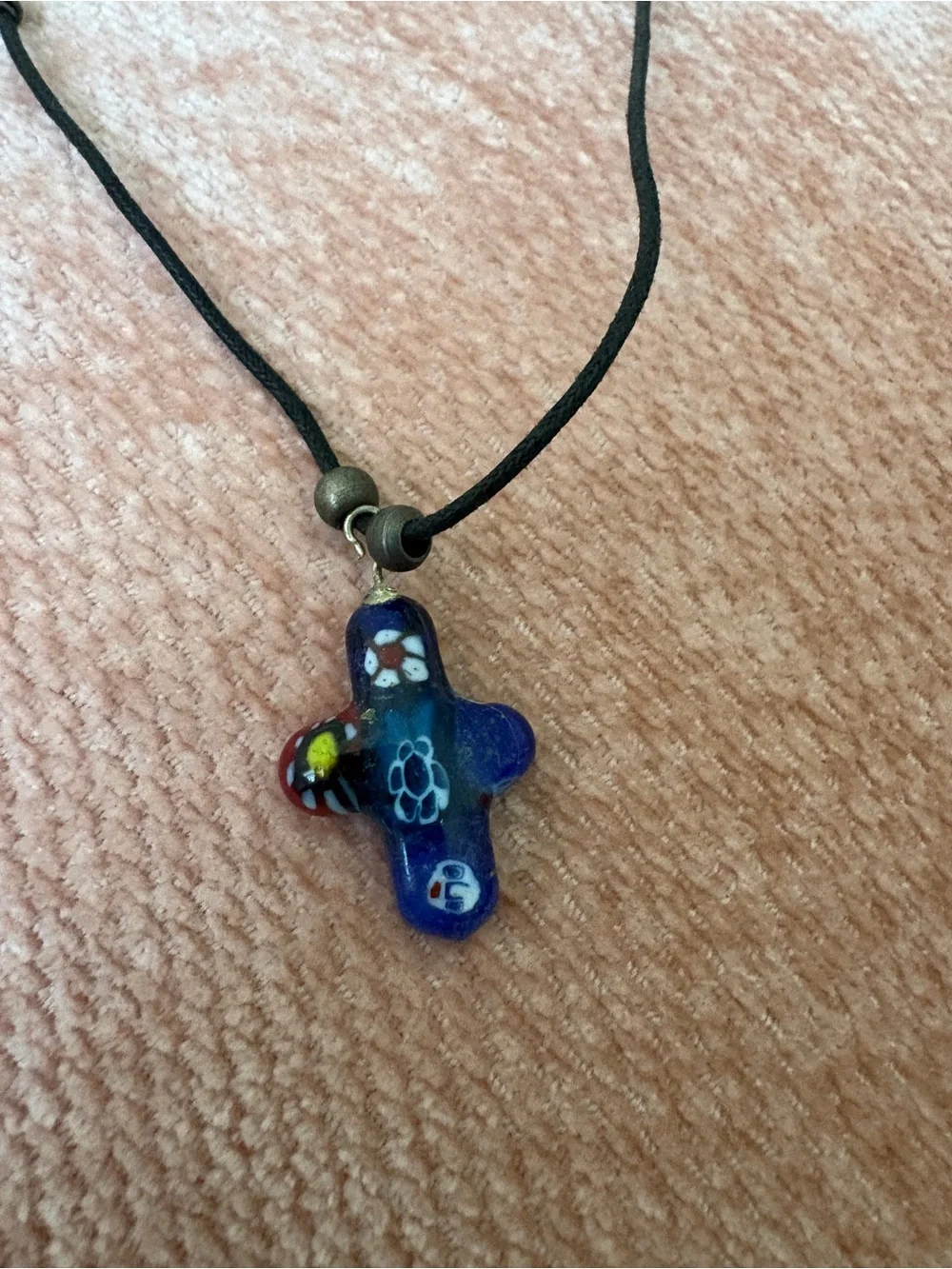 Blue Multicolor Glass Pendant Necklace on Black Cord